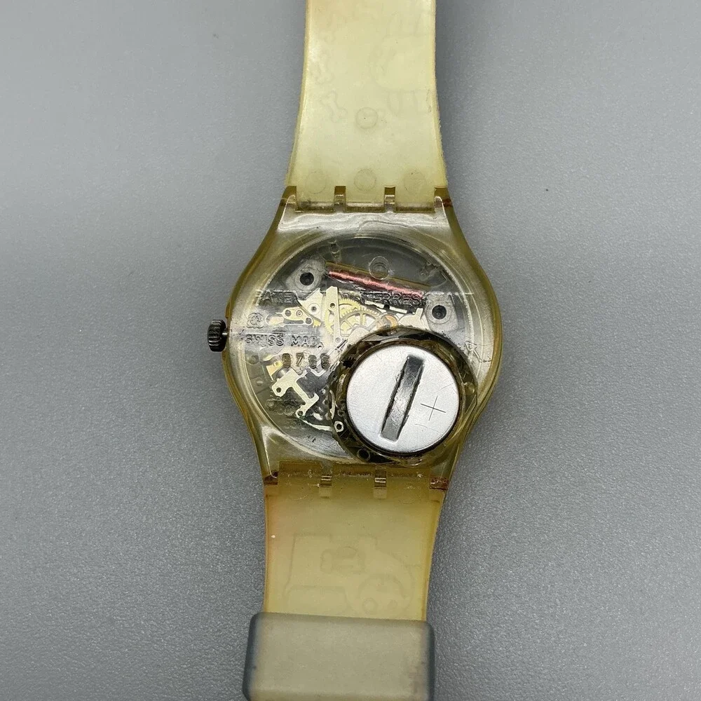 Swatch Gruau GK147 Men Watch 34mm Blue Dial Yellow Case Dog Print New Battery
